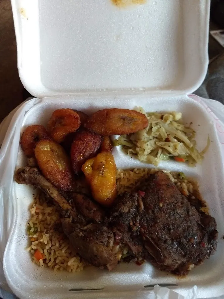 Jerk Chicken Plantains Rice&Peas Fried Cabbage